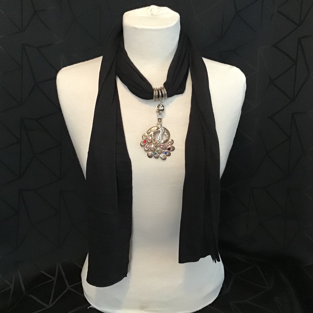 Charcoal color scarf with metal beaded peacock